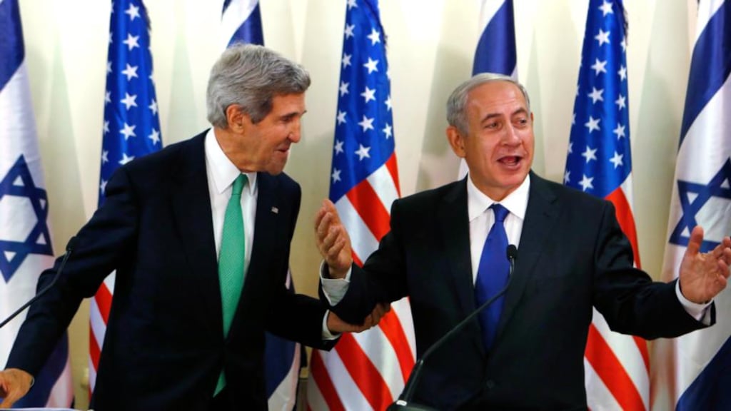 US secretary of state John Kerry shakes hands with Israeli prime minister Binyamin Netanyahu in Jerusalem yesterday. Photograph: Reuters/Larry Downing