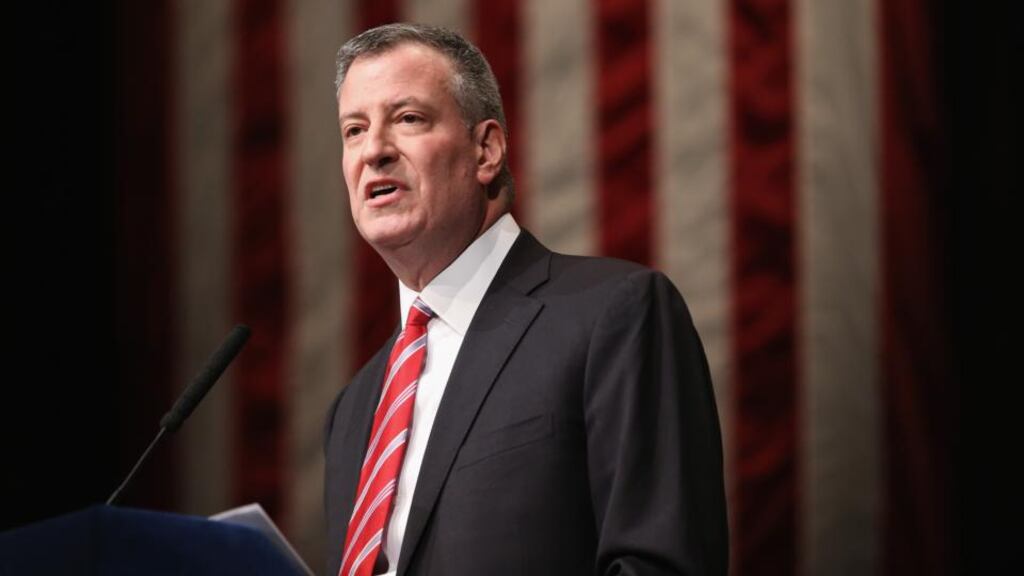 New York mayor Bill de Blasio gives the State of the City address at La Guardia Community College last night. Photograph: Getty images