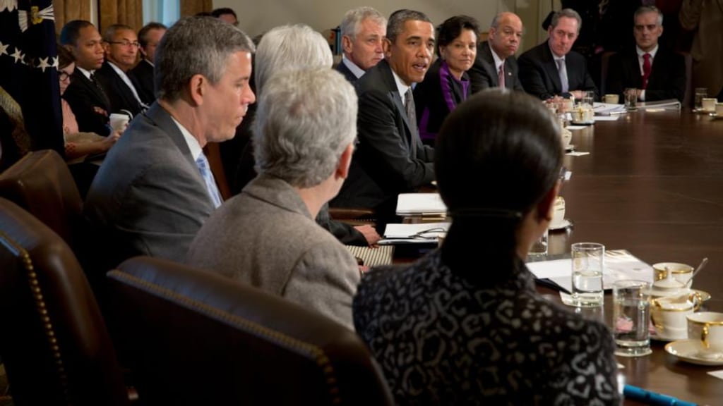 President Barack Obama before a cabinet meeting with his advisors at the White House in Washington. Tomorrow he will issue new guidelines to curtail government surveillance. Photograph: Stephen Crowley/The New York Times