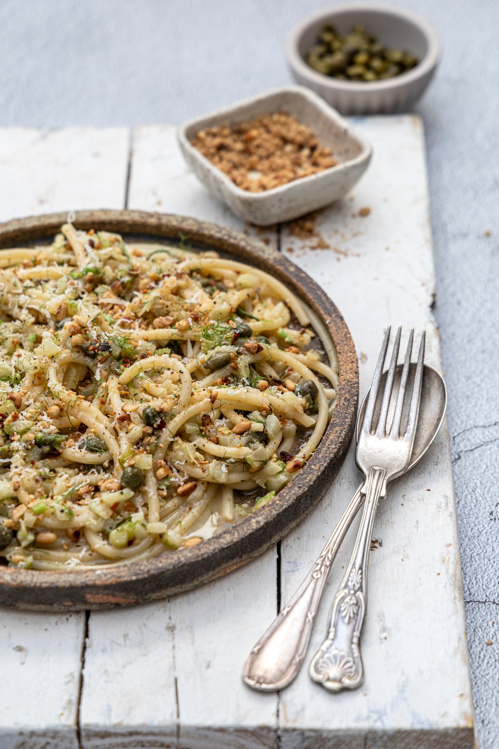 Bucatini with fennel, capers and pine nuts. Photograph: Harry Weir