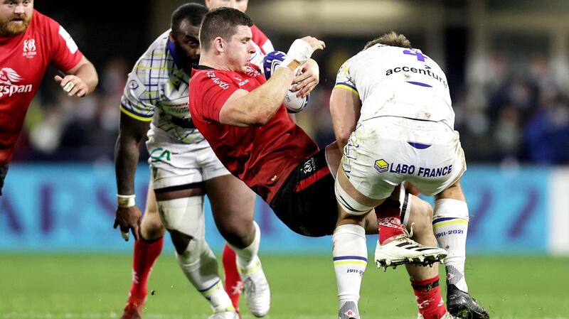 Nick Timoney and Jacobus van Tonder collide. Photograph: Laszlo Geczo/Inpho