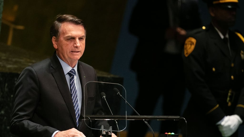 Brazil’s president Jair Bolsonaro addresses the UN General Assembly meeting in New York on Tuesday. Photograph: Jeenah Moon/Bloomberg