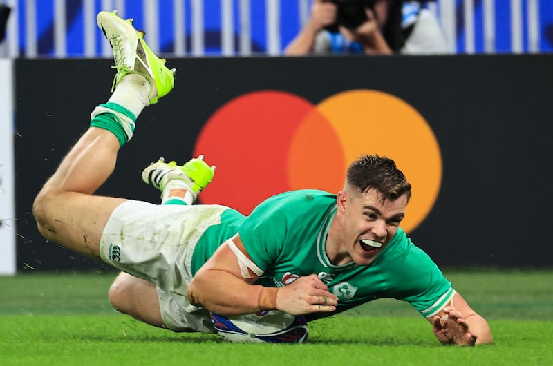 Ireland’s Gary Ringrose scores a try. Photograph: Billy Stickland/Inpho