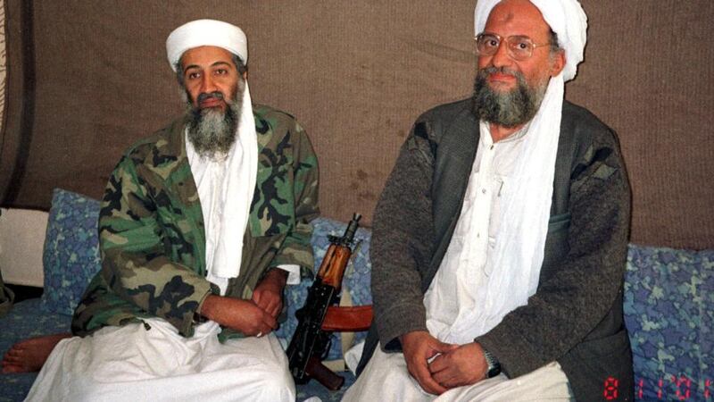 Osama bin Laden and Ayman al-Zawahiri during an interview with Pakistani journalist Hamid Mir in November 2001.