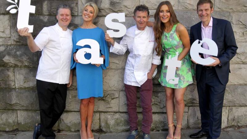 Launching  Taste of Dublin 2014 today were Michelin chef Ross Lewis, event director  Avril Bannerton, Michelin chef Kevin Thornton, model  Rozanna Purcell  and Justin Clarke, managing director of Taste Festivals.   Photograph: Mark Stedman/Photocall Ireland