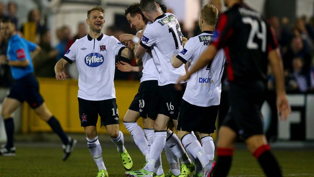Dundalk celebrate Ronan Finn’s goal in their FAI Cup semi-final win over Longford Town. Photograph: Inpho