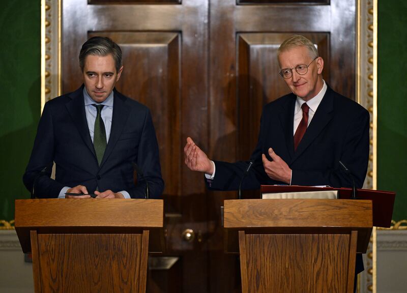 Tánaiste Simon Harris and Secretary of State for Northern Ireland Hilary Benn hold a press conference at Hillsborough Castle on September 19th, 2025 in Belfast, on publication of a new joint framework by both governments in relation to dealing with the legacy of the Troubles in Northern Ireland. Photograph: Charles McQuillan/Getty