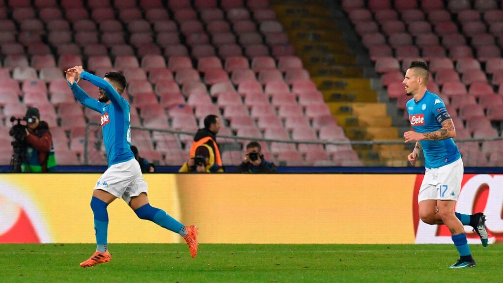 Napoli’s Lorenzo Insigne celebrates his goal in their Champions League win over Shakhtar Donetsk. Photo: Andreas Solaro/Getty Images