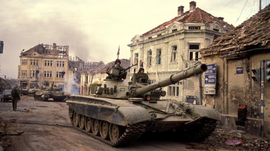 A scene from Vukovar on November 18th, 1991, during the three-month sige of the town by ethnic-Serb rebels and Belgrade-controlled Yugoslav forces. Photograph: Art Zamur/Gamma-Rapho via Getty Images