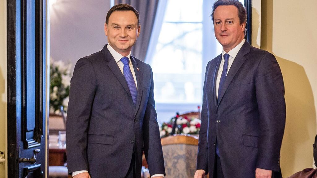 Polish president Andrzej Duda and British prime minister David Cameron at the Presidential palace in Warsaw. Photograph: Wojtek Radwanski/AFP/Getty Images
