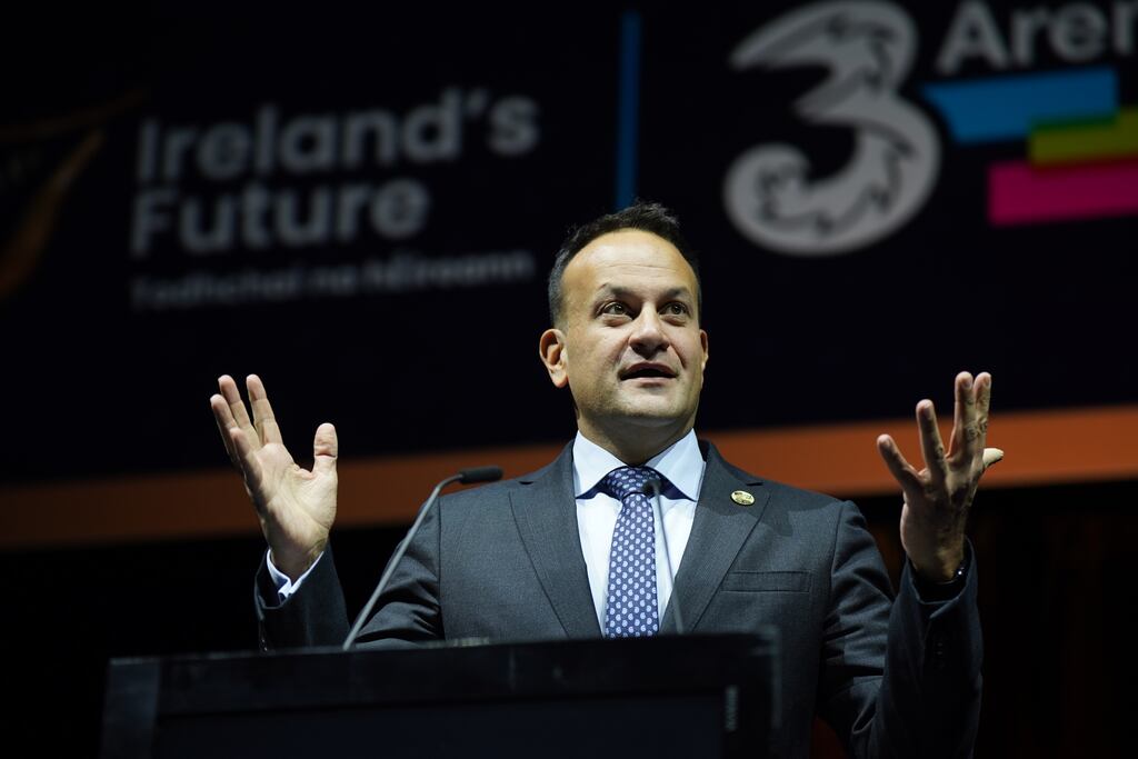 Tanaiste and leader of the Fine Gael party Leo Varadkar addresses the crowd at a rally for Irish unification organised by Ireland's Future at the 3Arena in Dublin. Photograph: Niall Carson/PA