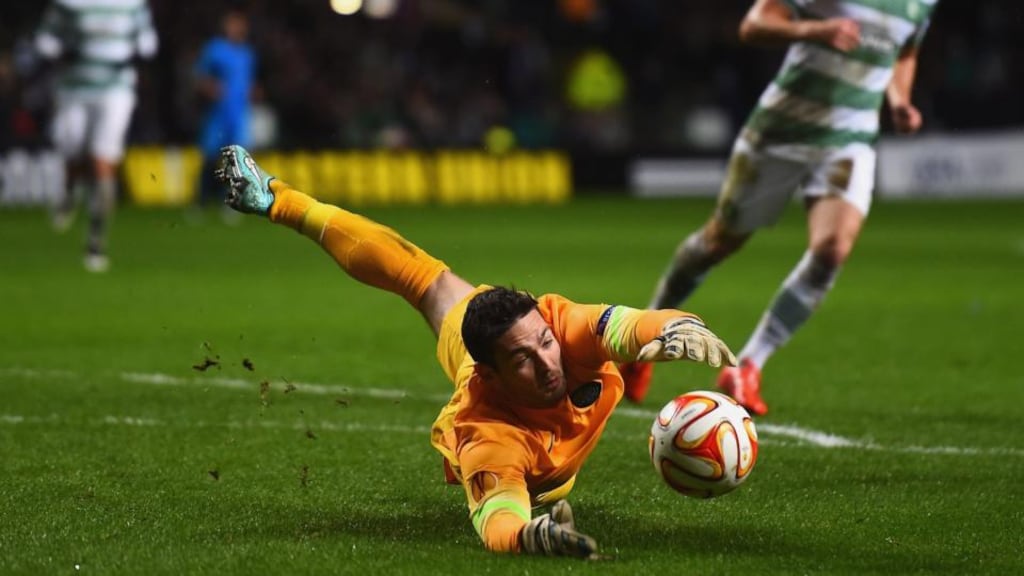 Goalkeeper Craig Gordon of Celtic fails to hold the ball allowing Rodrigo Palacio of Inter Milan (not pictured) to score their third goal. Photograph: Laurence Griffiths/Getty Images
