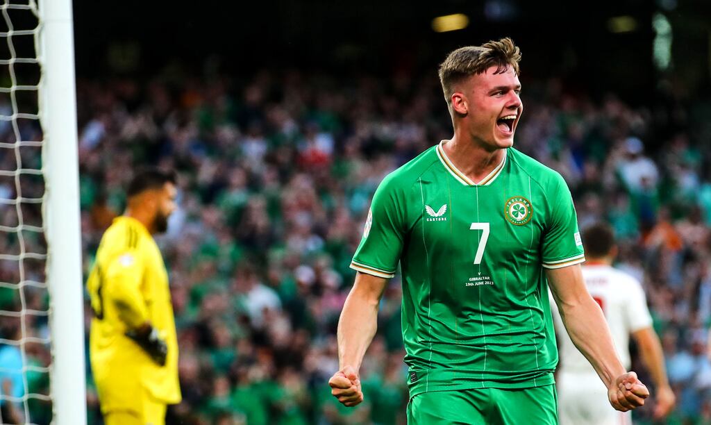 Evan Ferguson celebrates scoring Ireland's second goal against Gibraltar in the Euro 2024 qualifying round at Aviva Stadium on June 19th. Photograph: James Crombie/Inpho