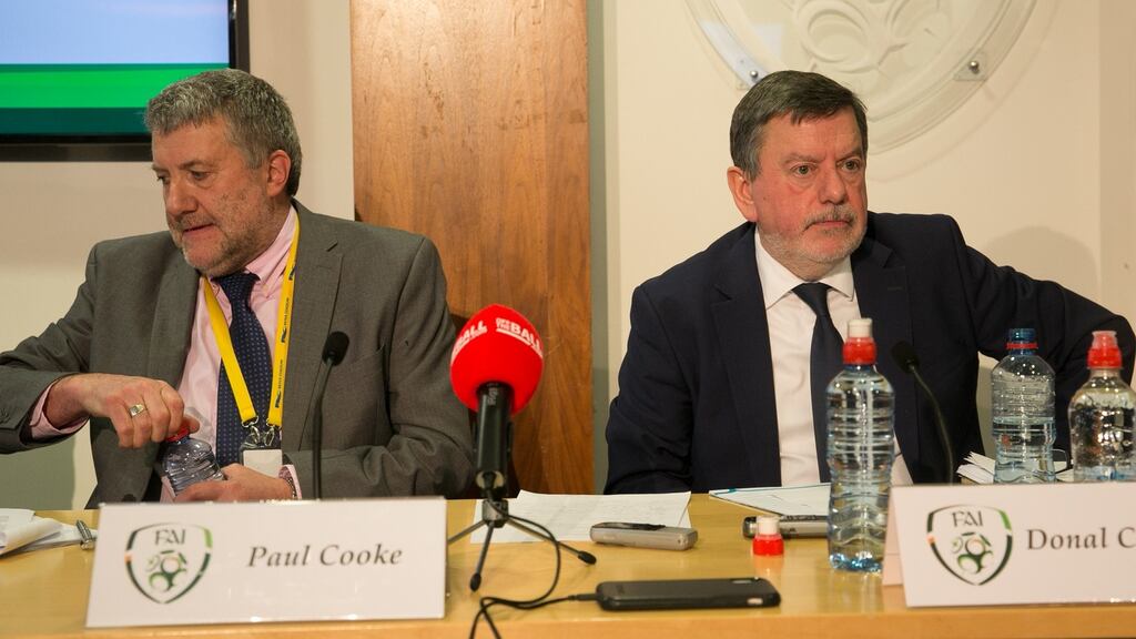 Executive lead of the FAI Paul Cooke and outgoing president Donal Conway during the FAI accounts press conference last week. Photo: Gareth Chaney/Collins