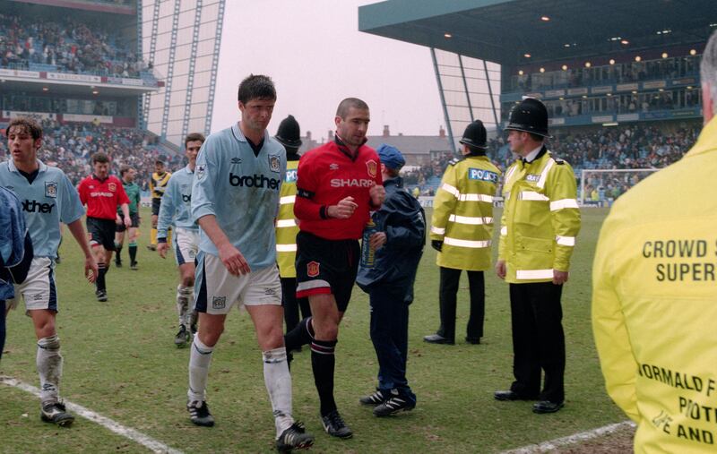 Niall Quinn of Manchester City leaves the Maine Road pitch in 1989 after a 5-1 victory against the old enemy. File photograph: Mark Leech/Offside via Getty Images