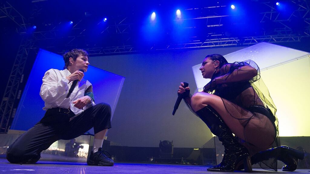 Charli XCX is joined by Héloïse Letissier, aka Christine and the Queens, during her Electric Arena set at Electric Picnic 2019. Photograph: Dave Meehan for The Irish Times