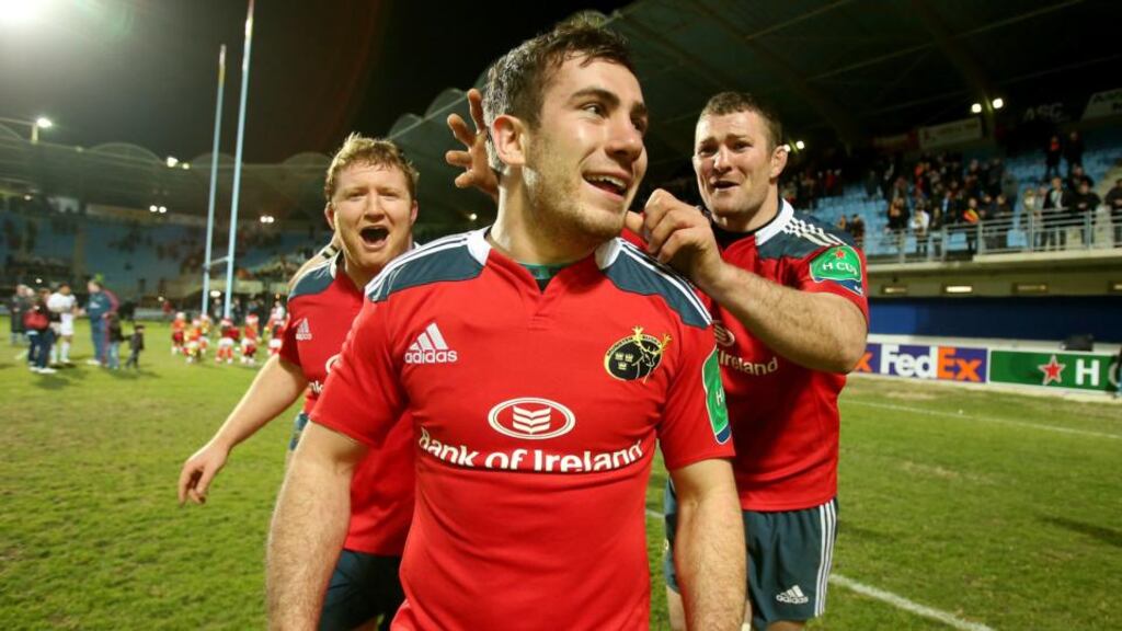 Munster’s JJ Hanrahan celebrates with Stephen Archer and Donncha Ryan after Saturday’s victory over Perpignan. Photograph: Dan Sheridan/Inpho