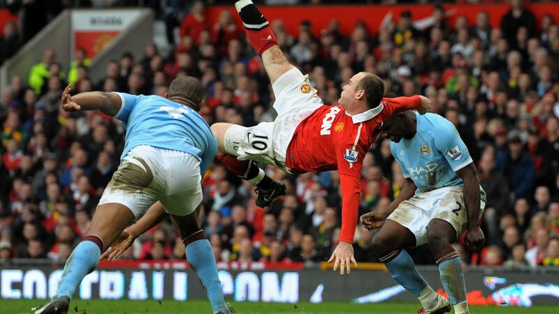 Wayne Rooney scores his famous bicycle kick against Manchester City in 2011. Photograph: Andrew Yates/AFP/Getty