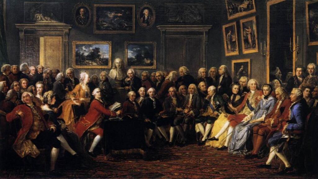 ‘In the Salon of Madame Geoffrin in 1755’ , a painting by Anicet Charles Gabriel Lemonnier of a group of artists and writers at the salon of Marie-Thérèse Rodet Geoffrin, Hotel Rambouillet, Paris