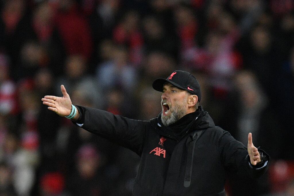 Jurgen Klopp reacts during Liverpool's win. Photograph: Oli Scarff/AFP via Getty Images