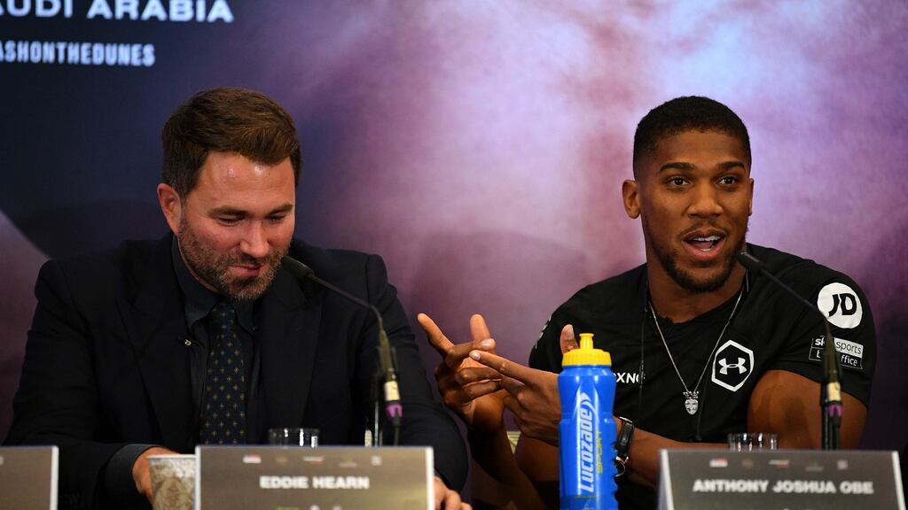 Anthony Joshua and promoter Eddie Hearn at a promotional press conference for the “Clash on the Dunes” fight against Mexican-US WBA, IBF, WBO and IBO heavyweight boxing champion Andy Ruiz Jr. Photo: Daniel Leal-Olivas/Getty Images