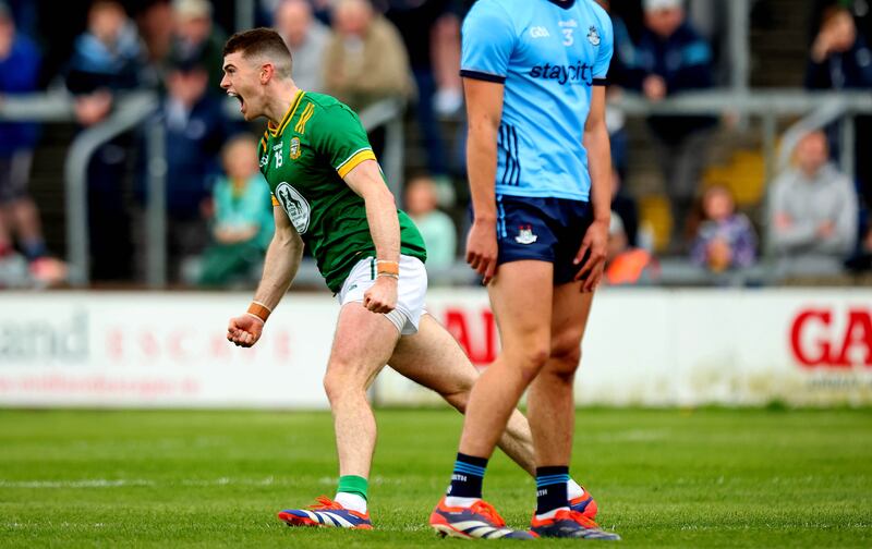 Captain Marvel: Meath’s Eoghan Frayne celebrates yet another score against a bewildered Dublin. Photograph: Ryan Byrne/Inpho
