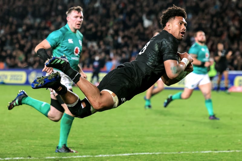 New Zealand's Ardie Savea scores New Zealand's fifth try against Ireland in the 2022 series during the first Test. Photograph: Inpho