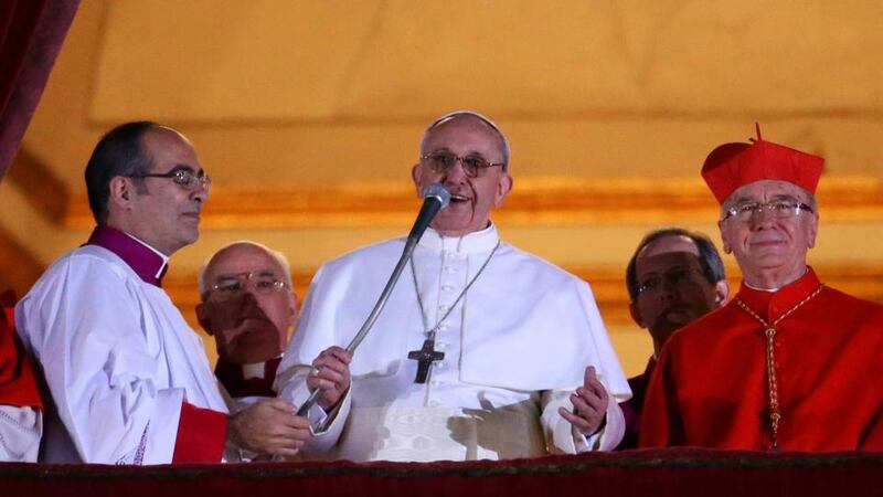 Newly elected Pope Francis I appears on the central balcony of St Peter's Basilica on March 13th, 2013 in Vatican City, Vatican. Argentinian Cardinal Jorge Mario Bergoglio was elected as the 266th Pontiff and will lead the world's 1.2 billion Catholics. Photograph: Getty