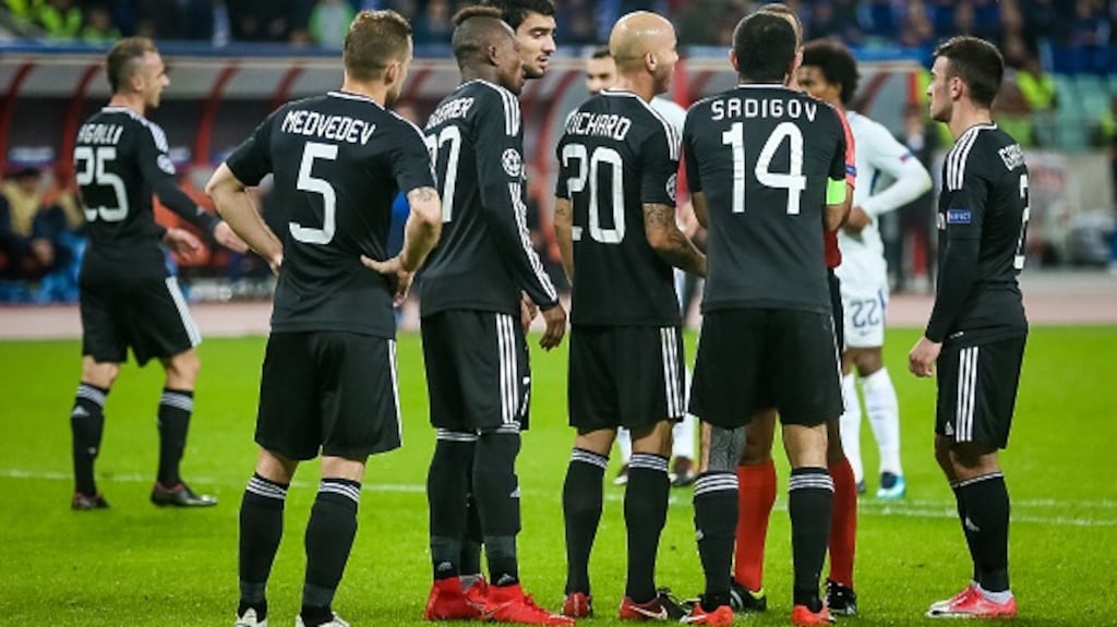 Qarabag in action against Chelsea at the Baku Olympic stadium in the 2017 Champions League. Photograph: Getty Images