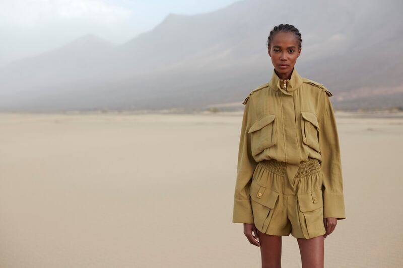 Khaki playsuit, €1,990, from Balmain