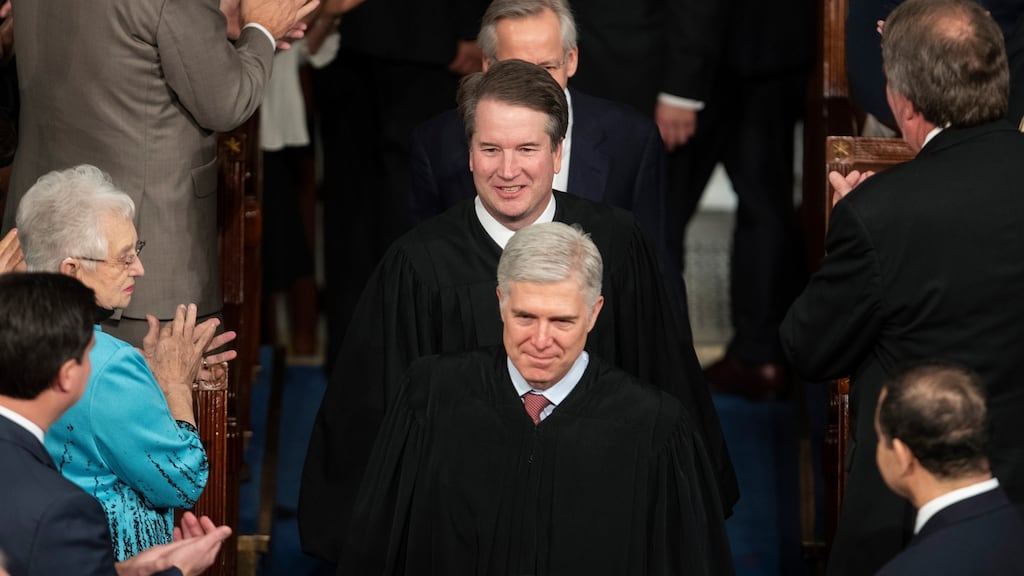 US supreme court justices Brett Kavanaugh and Neil Gorsuch, both appointed by President Donald Trump, arriving for Mr Trump’s State of the Union address in Washington in February 2019. Photograph: Sarah Silbiger/The New York Times