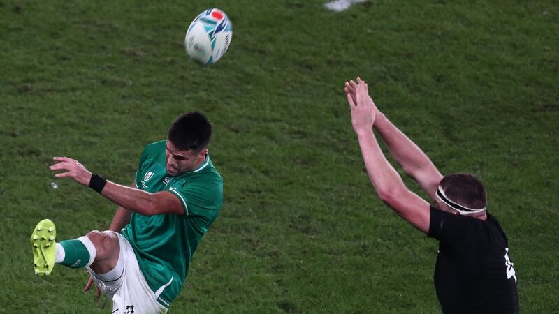 Conor Murray launches a box kick during the quarter-final against New Zealand. Photograph: Behrouz Mehri/AFP via Getty Images