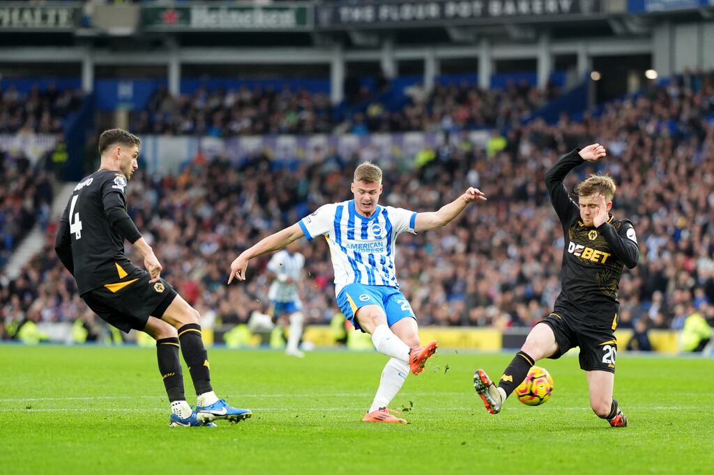 Brighton and Hove Albion's Evan Ferguson scores their side's second goal against Wolves. Photograph: Adam Davy/PA
