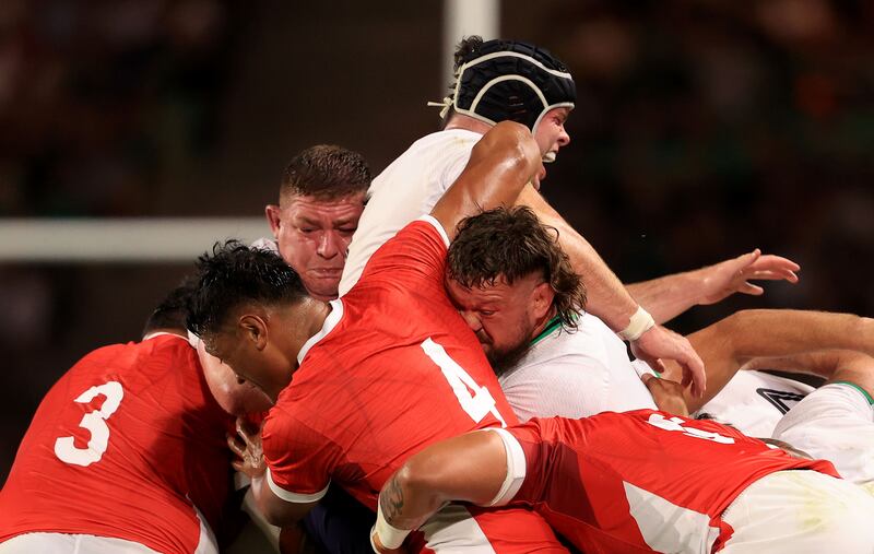 Ireland's Tadhg Furlong, James Ryan and Andrew Porter in action against Tonga. Photograph: Dan Sheridan/Inpho