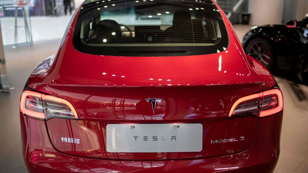 A Tesla Model 3 at a Tesla shop inside of a shopping centre in Beijing on May 26th. Photograph: Nicolas Asfouri/AFP via Getty Images