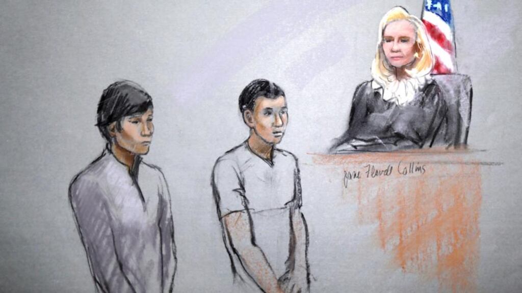 A courtroom sketch shows defendants Dias Kadyrbayev, left, and Azamat Tazhayakov appearing in front of Federal Magistrate Marianne Bowler at the Moakley Federal Courthouse in Boston. Illustration: Jane Flavell Collins