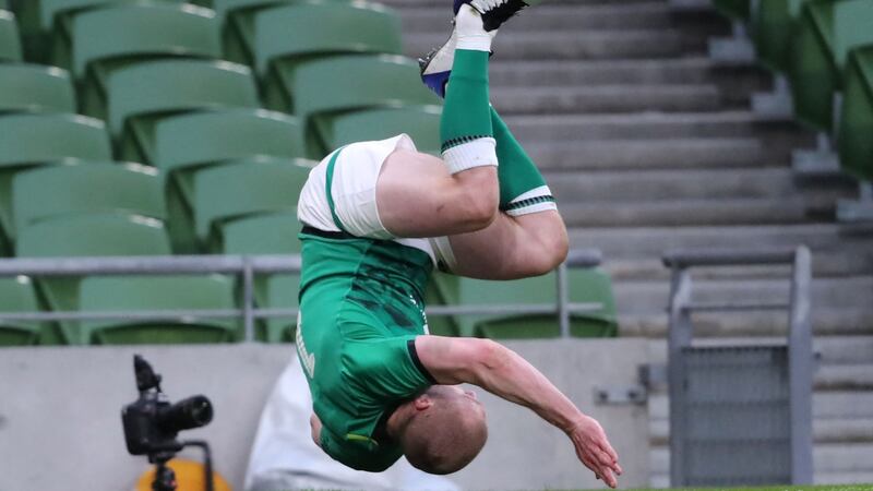 Earls celebrates after a try which was then disallowed. Photo: Niall Carson/AFP via Getty Images