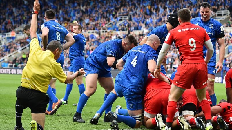 French referee Jerome Garces awards a try, scored by Leinster’s Tadhg Furlong. Photo: Getty Images