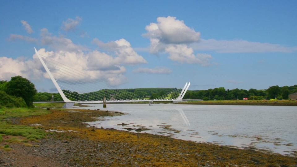 An artist’s impression of the 660m Narrow Water bridge, which would span the neck of Carlingford Lough and would link Down and Louth just outside Warrenpoint to the north and Omeath to the south. The bridge could also open to allow boats to access the Newry Canal and the Albert Basin in the city. Photograph: Department of the Environment, Northern Ireland.