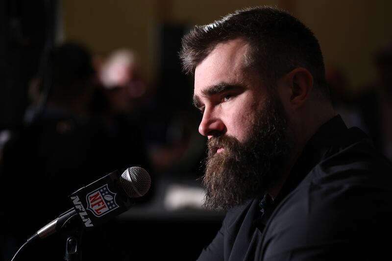 Jason Kelce of the Philadelphia Eagles speaks to the media ahead of the Super Bowl in Phoenix, Arizona. Photograph: Rob Carr/Getty Images