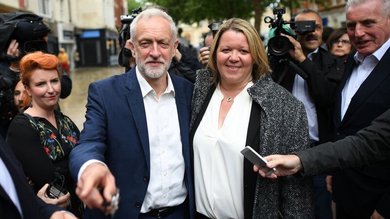 Labour Party leader Jeremy Corbyn celebrates with newly elected Labour MP Lisa Forbes: “Write Labour off at your peril.” Photograph: Stefan Rousseau/PA