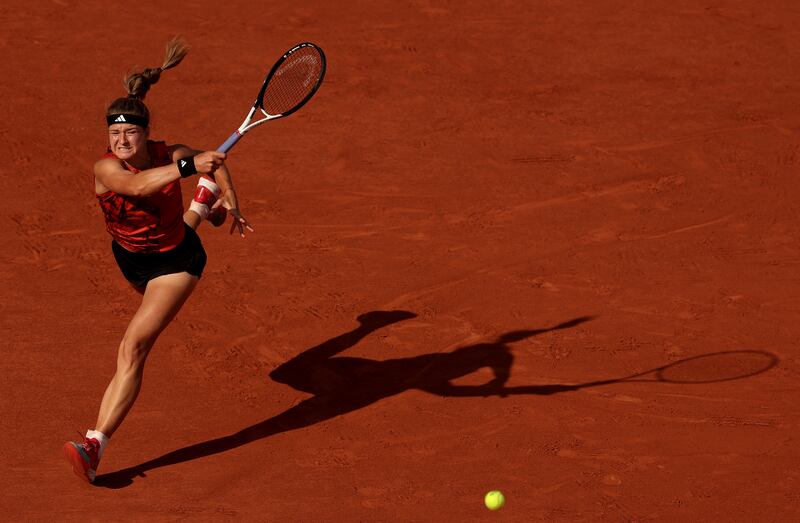 Karolina Muchova of Czech Republic plays a forehand against Aryna Sabalenka at Roland Garros. Photograph: Julian Finney/Getty