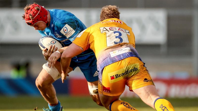 Leinster’s Josh Van der Flier comes up against Tomas Francis of Exeter Chiefs during the Heineken Champions Cup quarter-final at Sandy Park. Photograph: James Crombie/Inpho