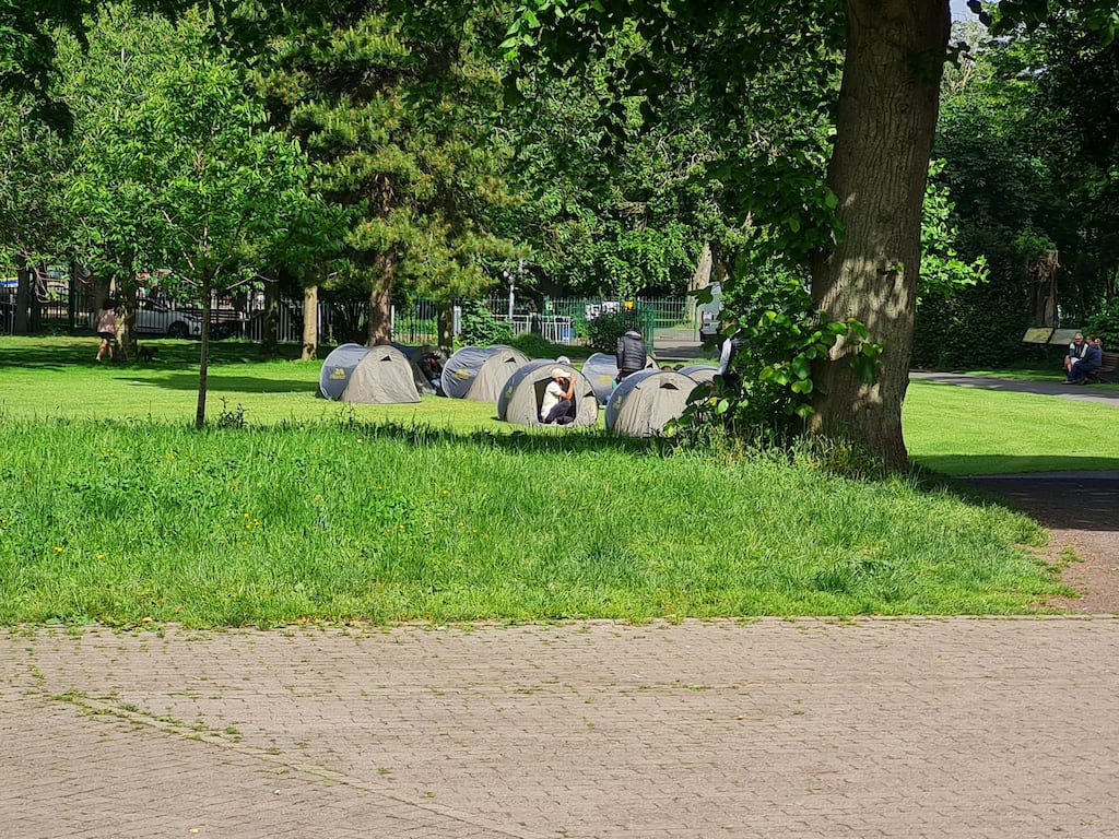 Tents pitched in Herbert Park, Dublin on Saturday