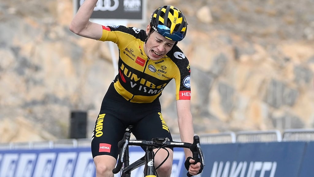 Denmark’s Jonas Vingegaard celebrates as he crosses the finish line to win the fifth stage of the UAE tour in Abu Dhabi. Photograph: Fabio Ferrari/LaPresse via AP