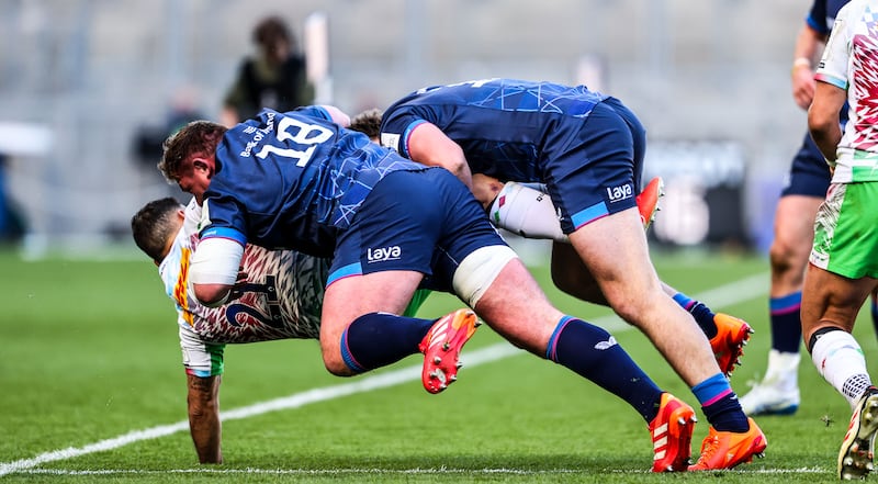 Leinster's Tadhg Furlong tackings Harlequins' Danny Care in the Champions Cup round-of-16 in Croke Park on April 5th, 2025. Photograph: Nick Elliot/Inpho