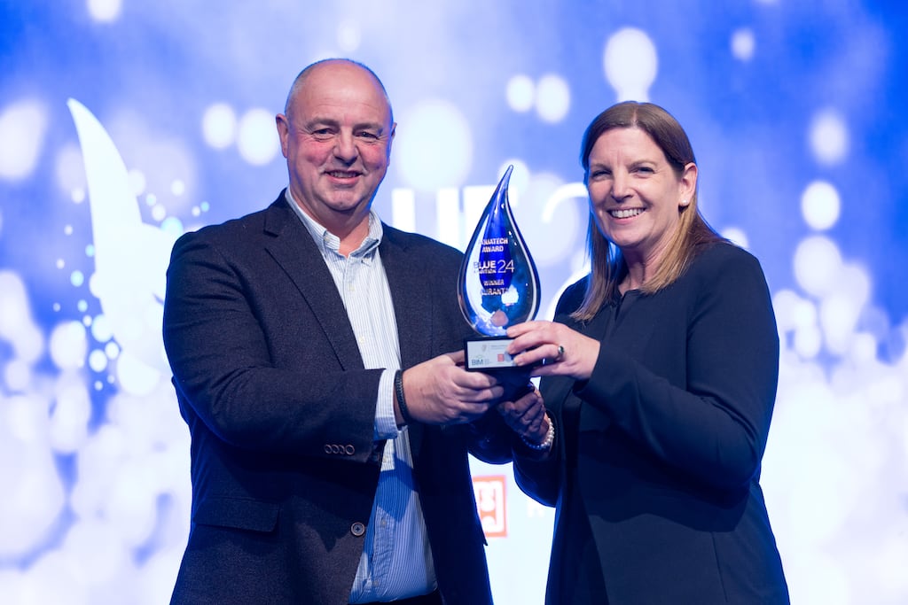 John Cullen, managing director at Auranta, receiving the aquatech business of the year award from BIM chief executive Caroline Bocquel last week