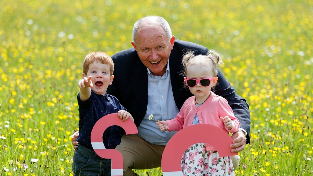 At the launch of Cancer Trials Ireland’s Just Ask Your Doctor! campaign: patient advocate Eddie Mac Eoin from Bandon, Cork, with his two grandchildren, James Noonan and Laoise McAdam. Photograph: Andres Poveda