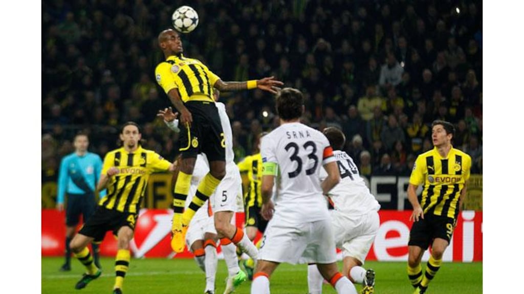 Borussia Dortmund’s Felipe Santana heads home his side’s opening goal against Shakhtar Donetsk during their Champions League match in Dortmund. Photograph: Wolfgang Rattay/Reuters