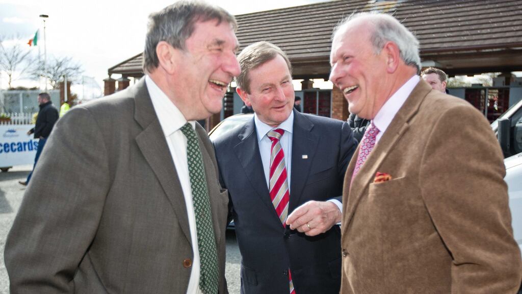 Taoiseach Enda Kenny with Joe Keeling, left, chairman, Horse Racing Ireland and Pat Byrne, chairman, Fairyhouse Racecourse. Photograph: Morgan Treacy/Inpho